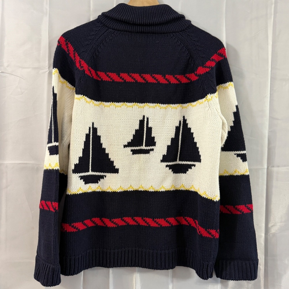 Coastal Nautical Sailboat Zip Cardigan Sweater Navy Blue Shawl Collar L Thick - Picture 3 of 7